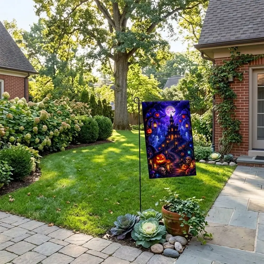 2D Flat Print Halloween Garden Flag Spooky Haunted House Witch Ghost Yard Flag Single Sided Polyester Halloween Outdoor Banner