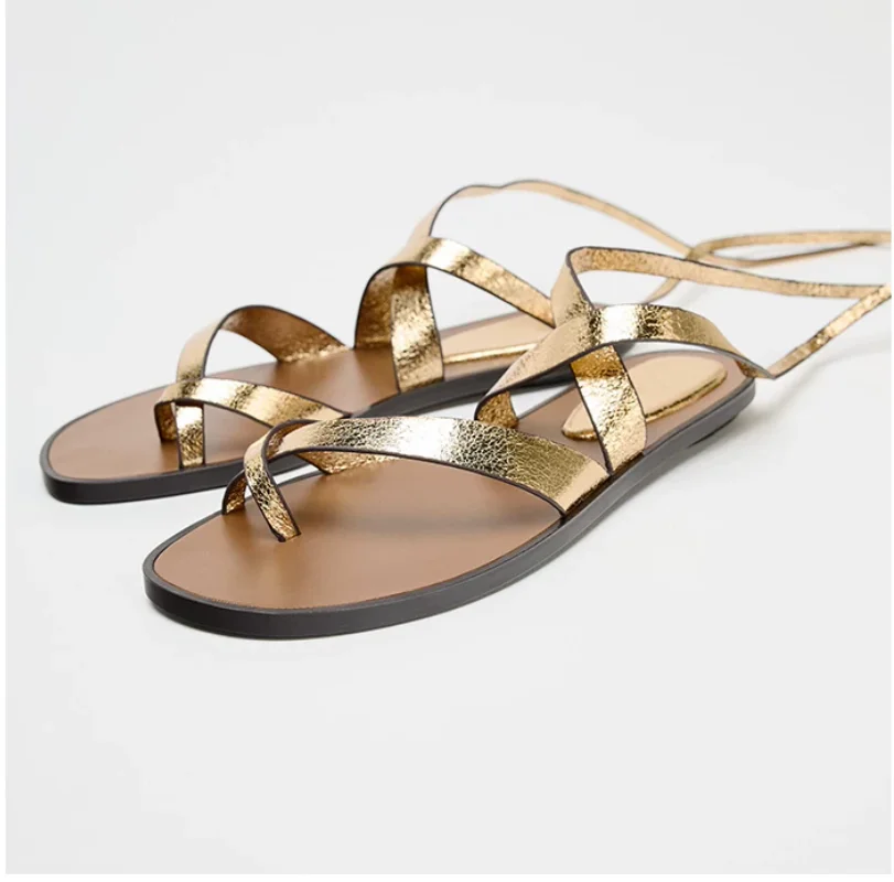 

Summer 2026 Casual Beach Flats Women Flat Wrap Shoes Bohemia Gold Strappy Gladiator Sandals Fashion Sandalias Mules Streetwear