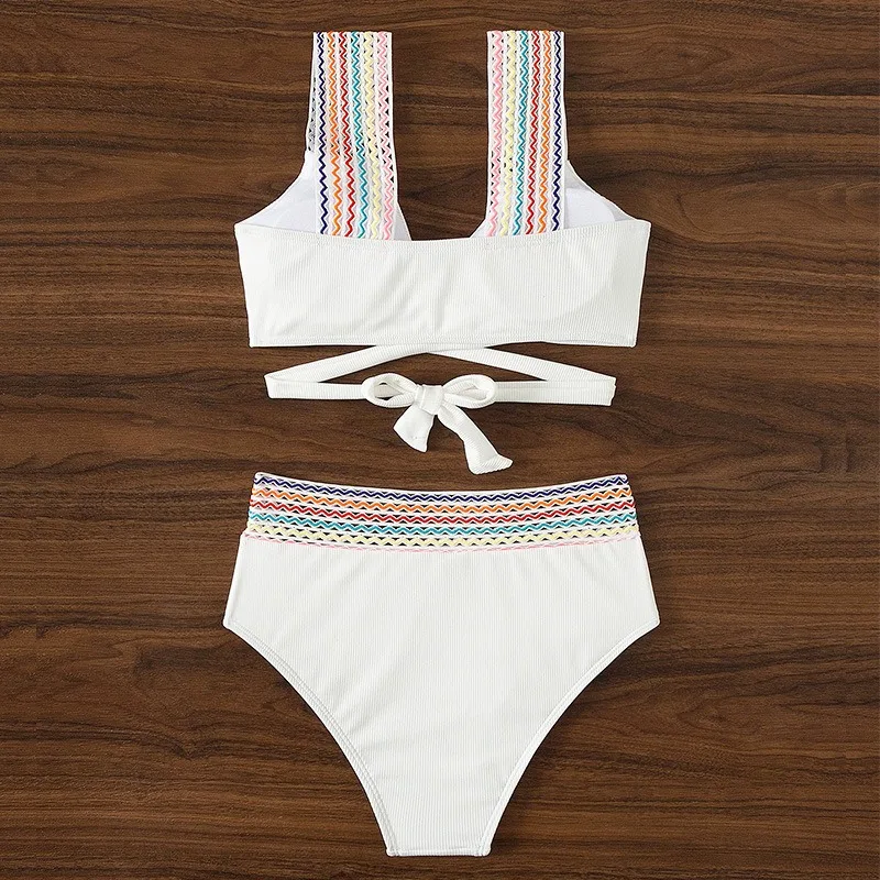 Women Summer Solid Color Swimsuit Sexy High Waisted Pure Cotton Suspender Swimsuit Fashion Tight Striped Split Bikini Set