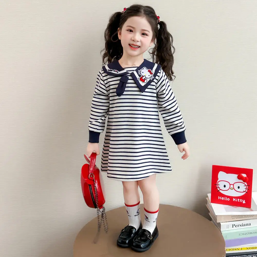 

Платье Sanrio Hello Kitty для девочек, весеннее, в морском стиле, с воротником, в университетском стиле, 2026, новая детская модель, в полоску, с длинным рукавом, юбка-пуловер