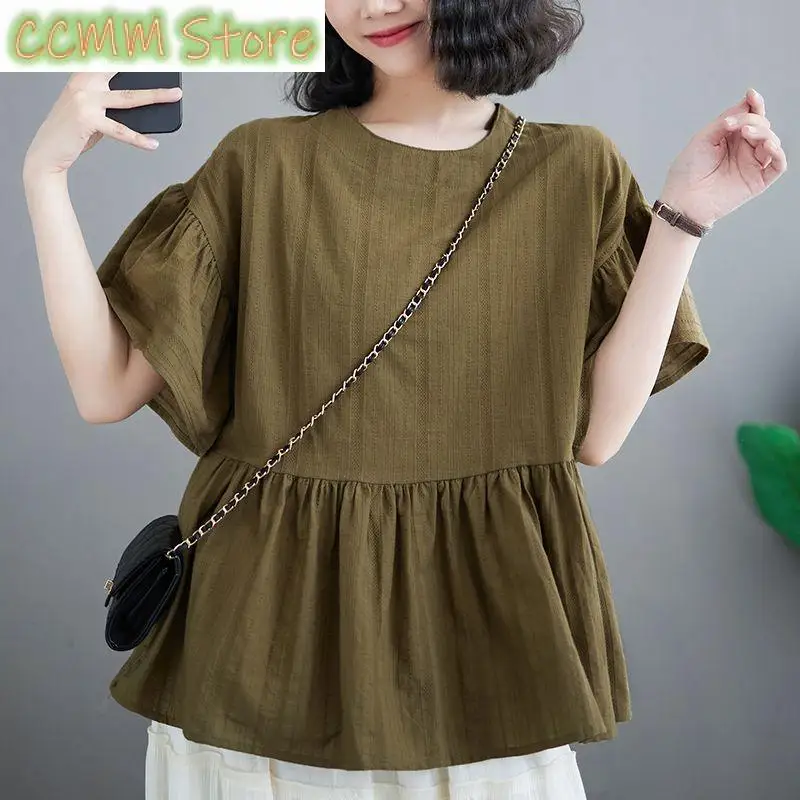 

Fashion O-Neck Solid Color Folds Flare Sleeve Blouses Women's Clothing Summer New Loose All-match Top Casual Shirts