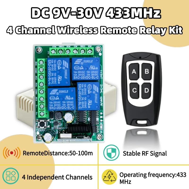 433Mhz Universal Wireless Remote Control Light Switch DC 12V 4CH RF Relay Receiver 60m Range for Light/Garage Door/LED DIY