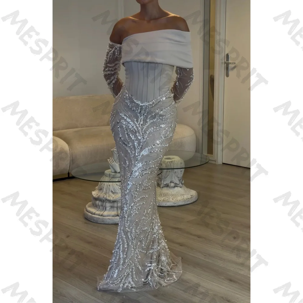 Customized Off Shoulder Tight Corset Slim Evening Dress 2026 Beaded Mermaid Silver Floor Length Ball Gown Suitable for The Beach