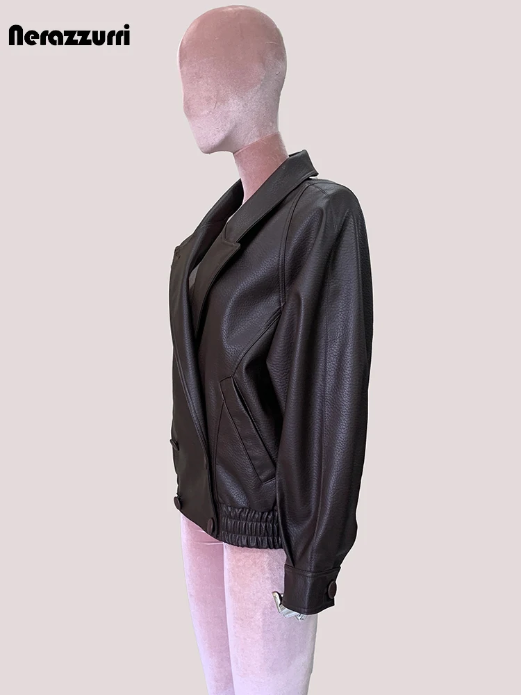 

Lautaro Spring Autumn Short Soft Brown Pu Leather Blazer Jacket Women Peaked Lapel Double Breasted Elegant Chic Luxury Clothes