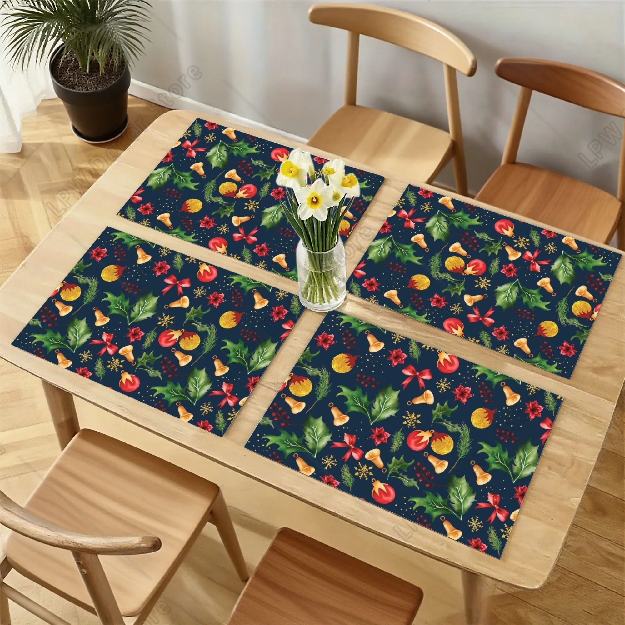 

4/6 Pcs Christmas Watercolor Elements Printed Placemats Dark Blue Holly Leaves Bells Baubles for Holiday Family Dinner Meeting