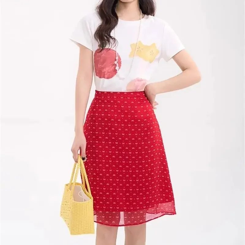 ใหม่หวานเกาหลีแฟชั่นฤดูร้อนกระโปรงผู้หญิงพิมพ์สูงเอว Slim Casual A-Line กระโปรงชีฟอง Faldas Mujer Jupe