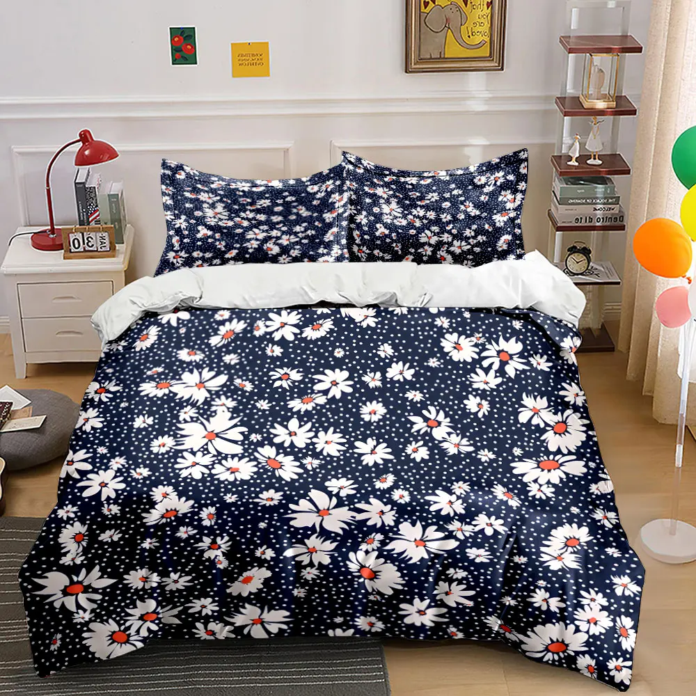 

Dark blue with white daisies Pattern Duvet Cover Set Digital Print Colorful Polyester Bedding with Zipper Closur for kids gifts