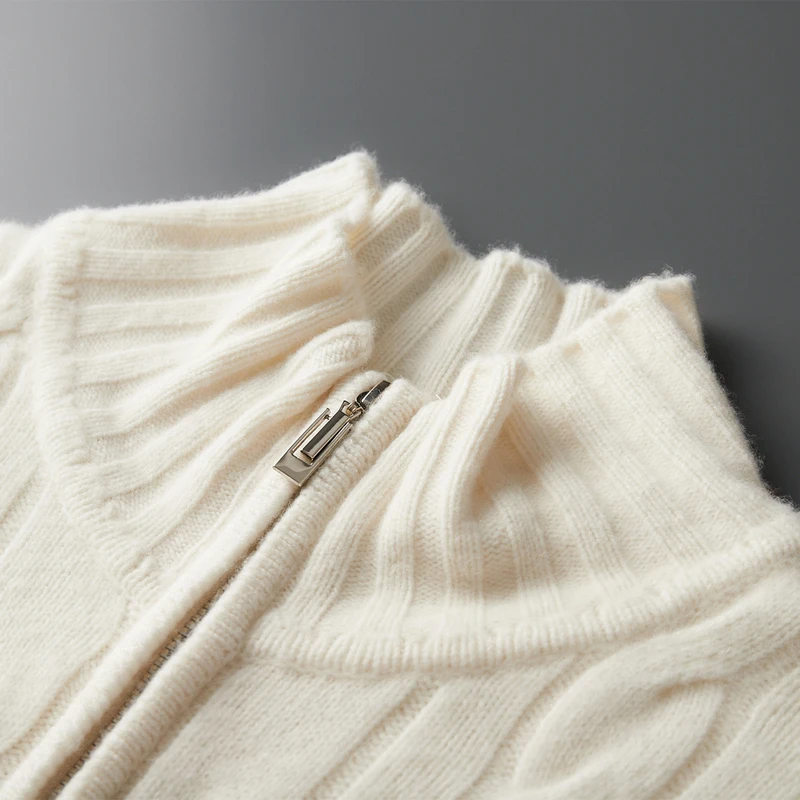 CHICUU Men's Cable Knit Zipper Cardigan Coat 100% Merino Wool Sweater Autumn Winter Thick Warm Mock Neck Cashmere Knitwear Cloth