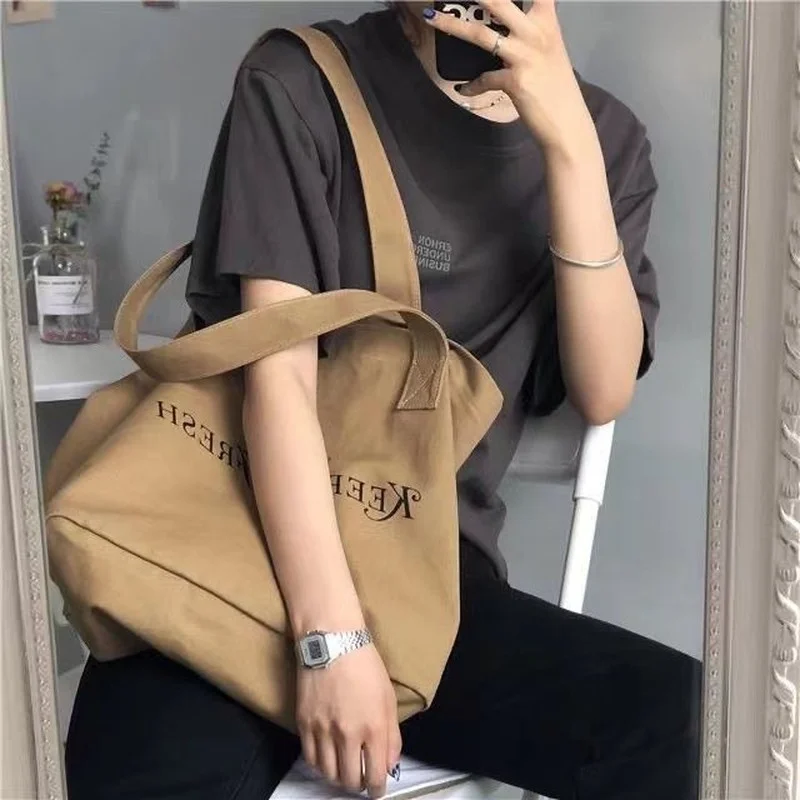 Women Vintage Letter Printed Shopping Bags Canvas Large Capacity Open Portable Shopper All-match Underarm Tote Mori-girl Stylish