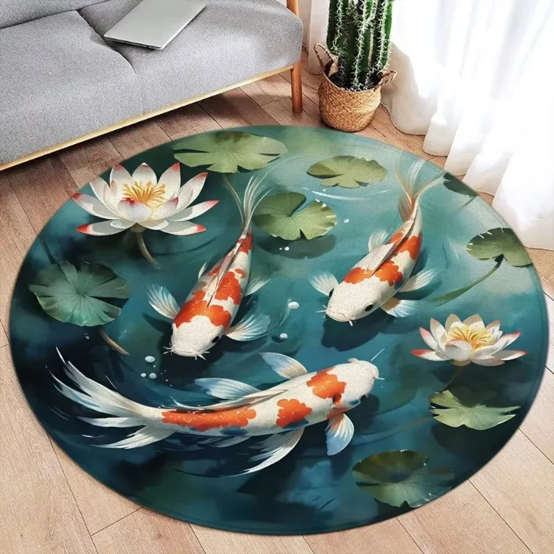 Runder Teppich im japanischen Stil, Koi-Fisch, Lotus, Kirschblüte, Blume, Berg, Wasser, Tinte, Kunst, Zuhause, Wohnzimmer, Schlafzimmer, Dekor, Bodenteppich