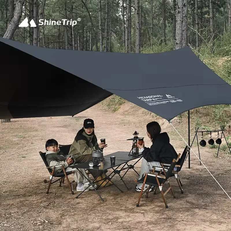 Shine Trip Outdoor Black Vinyl Sunscreen Multi-Person Hexagonal Tent Portable Thick Camping Rainproof Sunshade Shelter