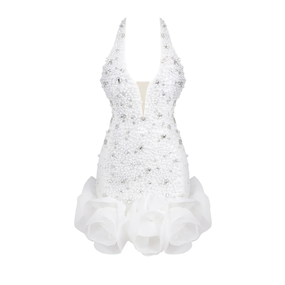 VC witte diamanten halter korte jurk parels kralen diepe V duik halslijn bloemen zoom mouwloze rugloze celebrity feestjurk