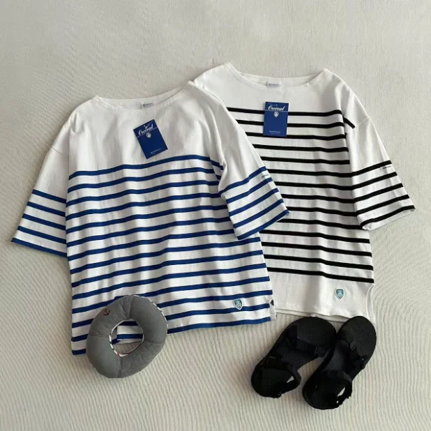 Organic Cotton Striped Bee Pattern 5/8 Sleeve T-Shirt Spring Summer Casual Loose Fit Ladies Top Two Colors Available