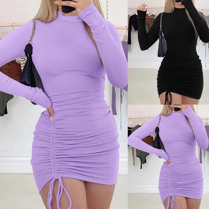 Vestidos femeninos, trajes, vestido De mujer De manga larga De Color sólido con cordón, cuello redondo, Vestidos ajustados De Fiesta Elegantes 2025