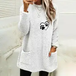 Moletom feminino com bolsos impressos na moda moletom de inverno feminino macio quente pulôver com bolso crewneck manga longa topo