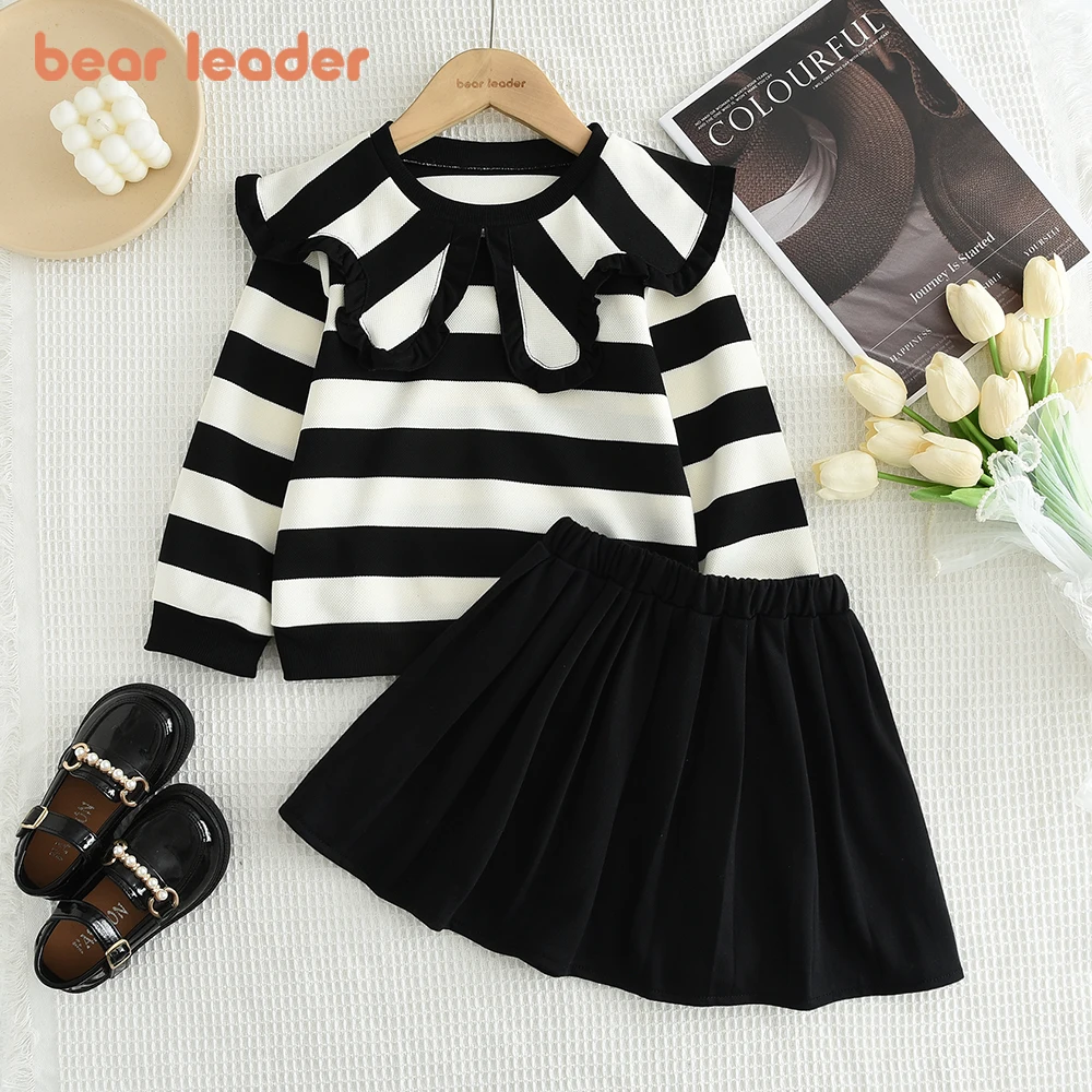 Bear Leader Children's Set Autumn Girl's Clothing Black and White Striped Long Sleeved Top+black Pleated Skirt 2-piece Sets