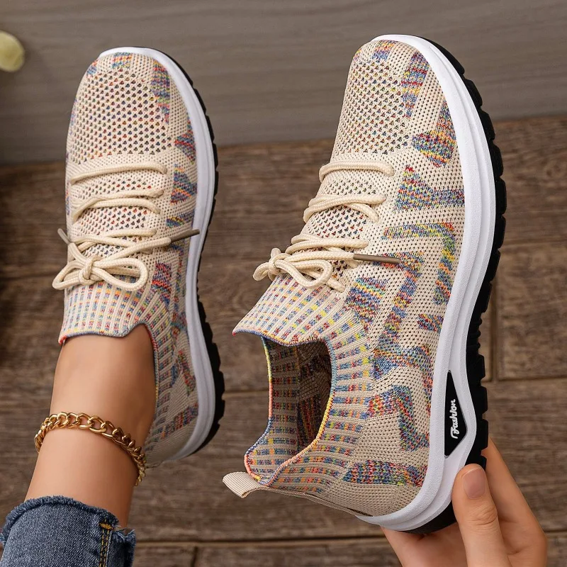 

Plus-size Fashion Women's Sneakers Colorful Striped Knit Shoes Breathable Lace Up Casual Trainers Lightweight Sport Shoes Women