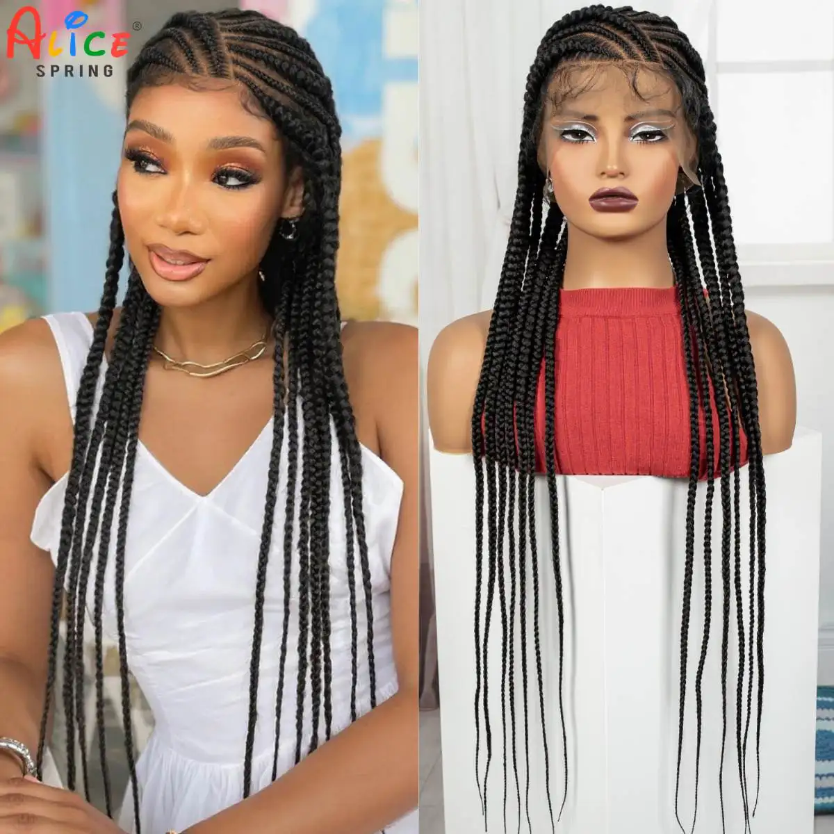

34-дюймовые плетеные парики ручной работы Cornrow, синтетические полные кружевные косы, кружевной фронтальный плетеный парик для чернокожих женщин