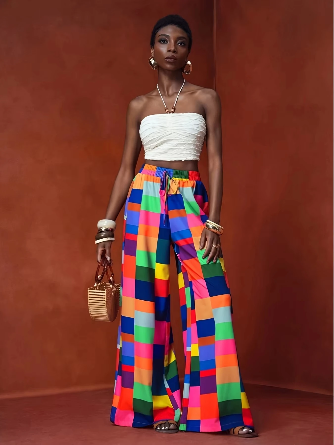 Summer Thin Casual Summer Multi 3D Printed Polyamide Color Printed Women's High Waisted Comfortable Wide Leg Pants