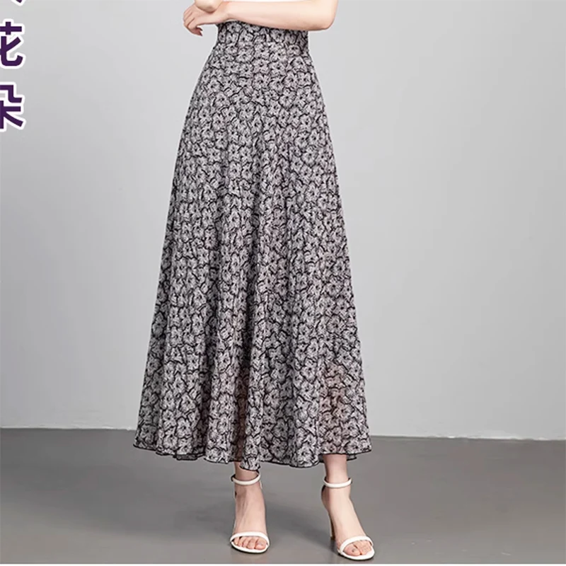 2024 Summer New Female Fashion Red Small Floral Pattern Chiffon A-line Large Plus Size Ladies Long Maxi Skirts for Womens