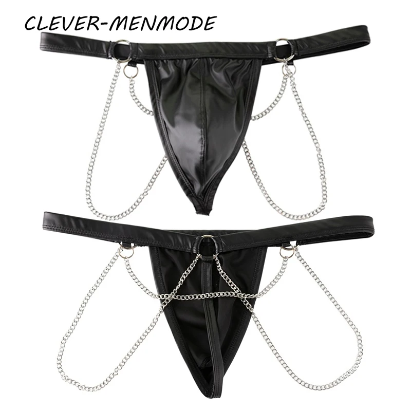 مثير الملاكم الرجال فو الجلود القضيب حقيبة سلسلة طوق بذلة مثلي الجنس سيسي الانتفاخ الحقيبة سراويل بولي براءات الاختراع والجلود السراويل #6