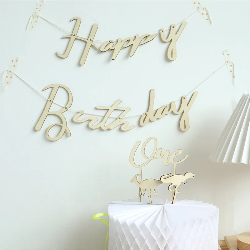 1 Set INS Wooden Happy Birthday Banners Garland Flags for Birthday Party Decoration Baby Shower Photo Booth Hanging Decoration