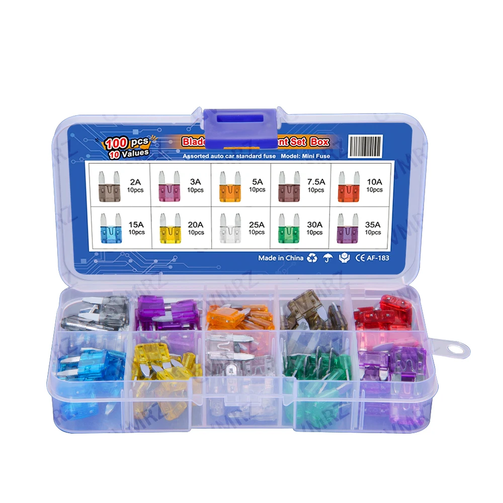 100PCS/BOX 2A 3A 5A 7.5A 10A 15A 10Values*10PCS Mini Auto Fuse Car Fuse Blade Kit Assortment  20A 25A 30A 35A With Box Component