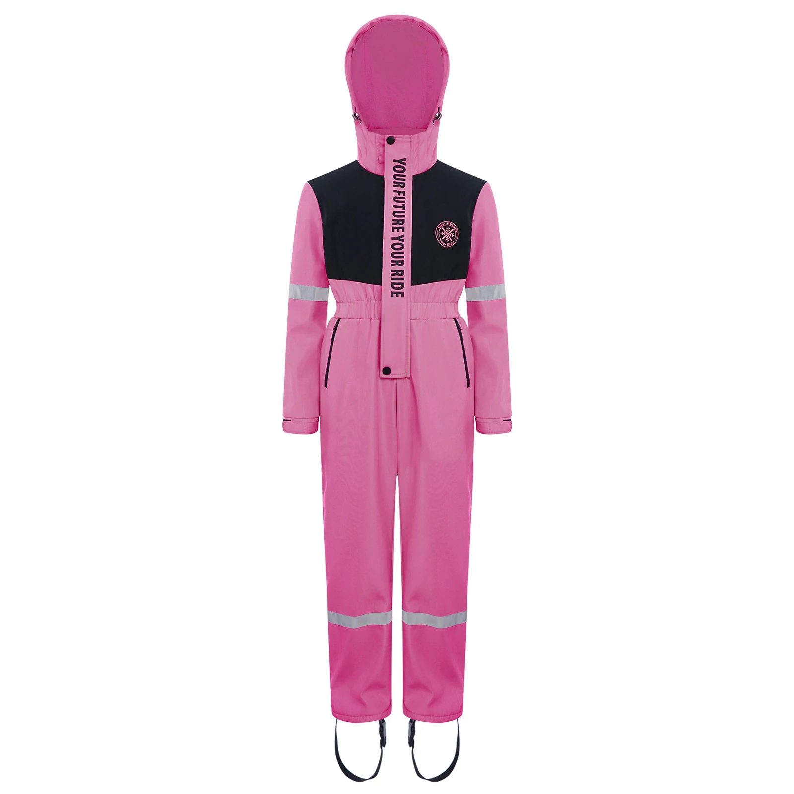 キッズガールズボーイズ反射ストリップスノースーツレタープリントスキーフード付きジャンプスーツ長袖スタンドカラー防水ボディスーツ