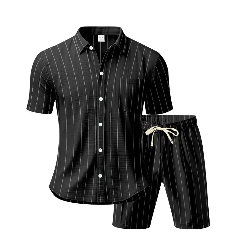 

New Summer Fashion Trendy Breathable Striped Beach Short Sleeve Shirt Set Men's Casual Loose Sports Plus Size Two-Piece Set