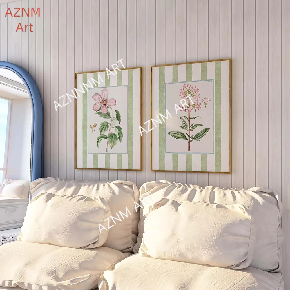 Set of 2 Striped Botanical Wall Art Prints Grandmillennial Green and Pink Floral Prints Vintage-Inspired Kitchen Bathroom Decor