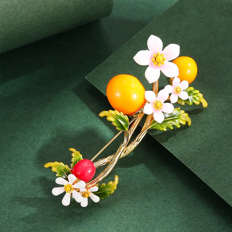 

Summer Autumn Winter Enamel Fruit Yellow Tomato Persimmon White Gardenia Flowers Green Leaves Brooch Pin Accessories for Women
