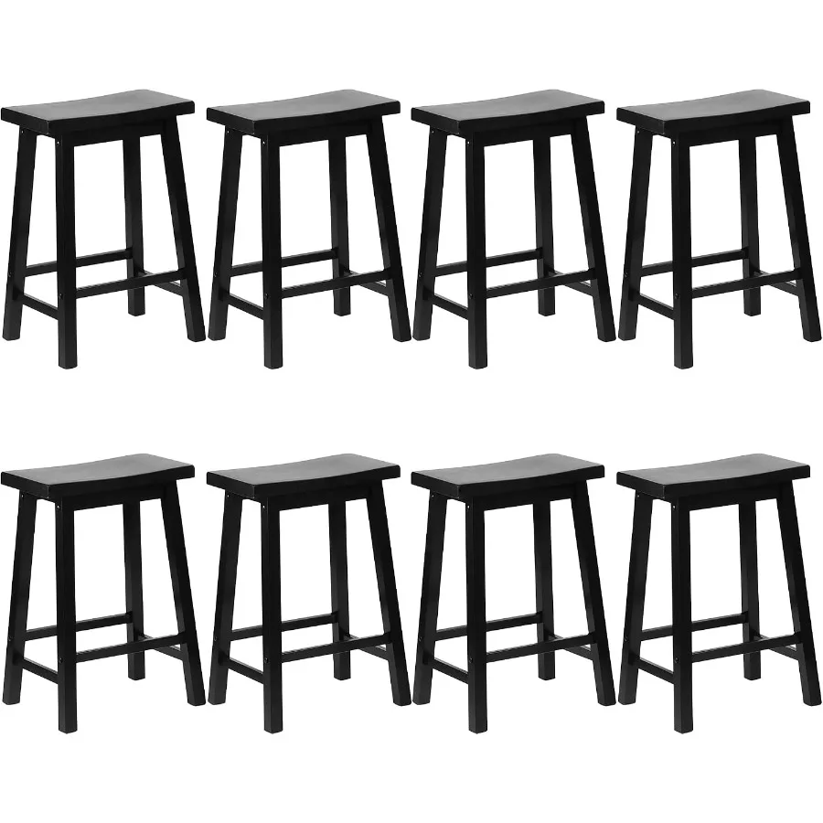 Saddle-seat counter stools for kitchen bar use, solid wood construction, black finish, stackable design, set of 8