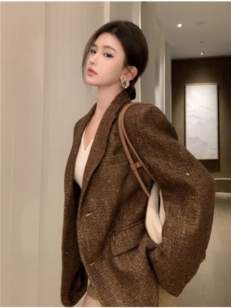 Women's Autumn/winter Thickened Cotton Clip British Style Corduroy Blazer Retro Casual Solid Color Pit Stripe Woolen Suit Jacket