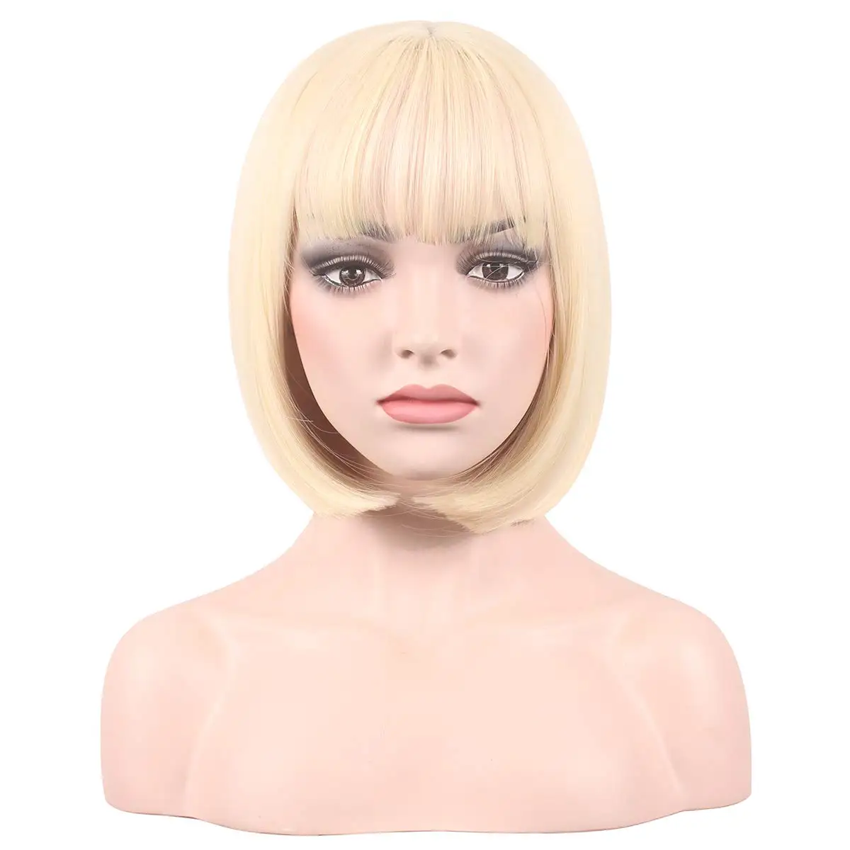 Synthetic Wig Short Platinum Blonde Ombre Wavy Wig Dark Roots with Bangs for Women Shoulder Length Natural Looking Daily Use