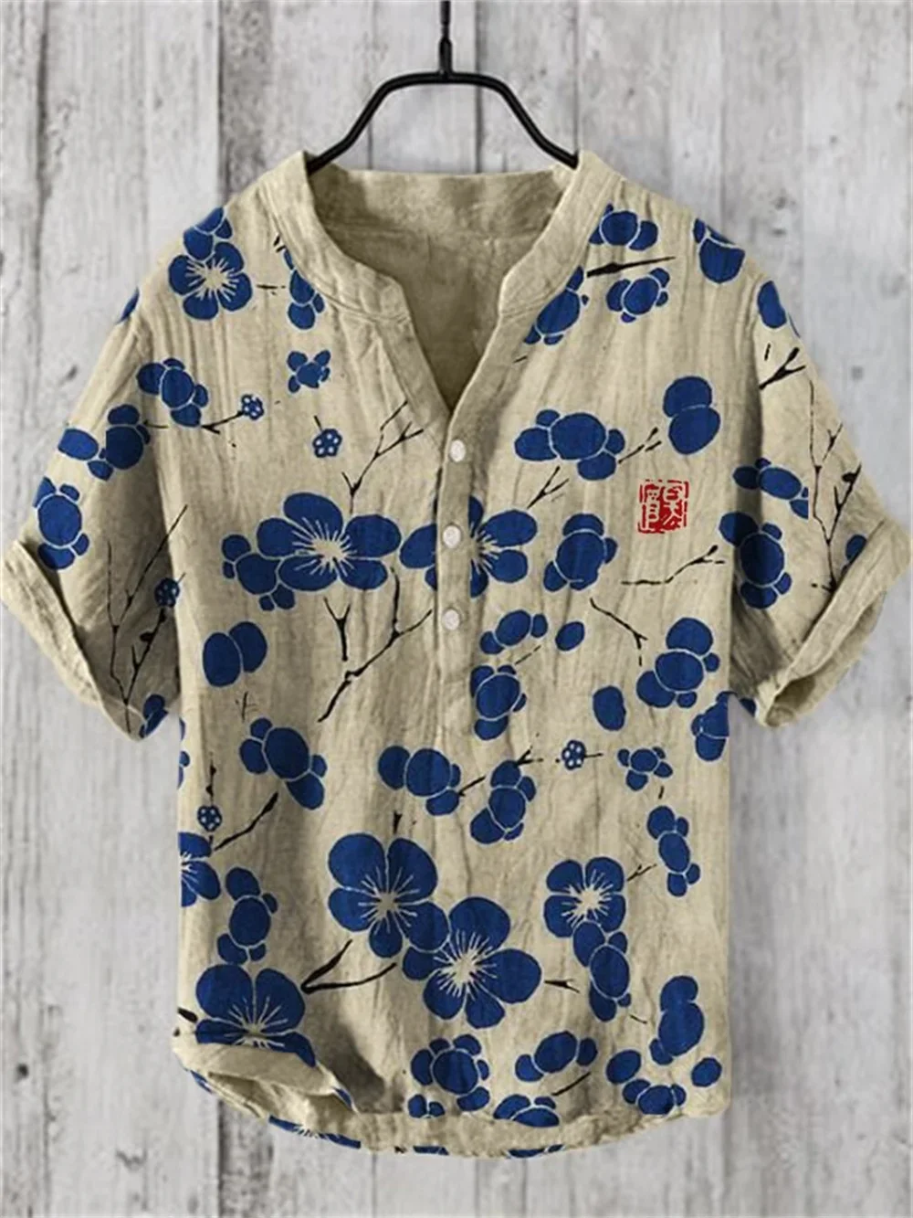 Jersey con estampado de flor de cerezo para hombre, jersey de arte Retro japonés, botón de moda, cuello Henry, Top informal de vacaciones, nuevo