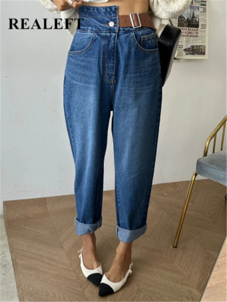 

REALEFT Patchwork Belt Casual Women's Denim Pants 2023 Vintage Pockets High Waist Full Length Straight Ladies Jeans Pants Female