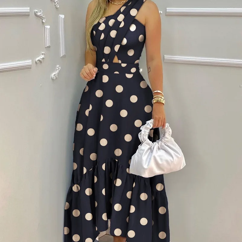 One Pieces Dresses Women Leveless Polka Dot Print Cross Waisted Hollowed Out Design Long Fashion and Casual Dress Summer 2024