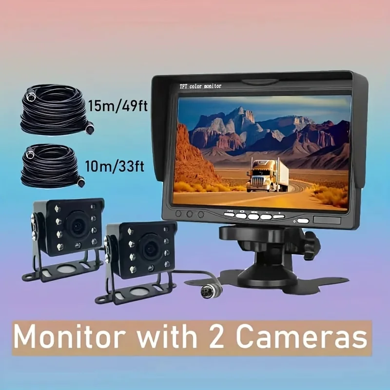 Dual camera Vehicle Rear View Backup Monitor 17.78cm Screen with Reverse Heavy Duty Backup Camera 4 Pin Cable Night Vision