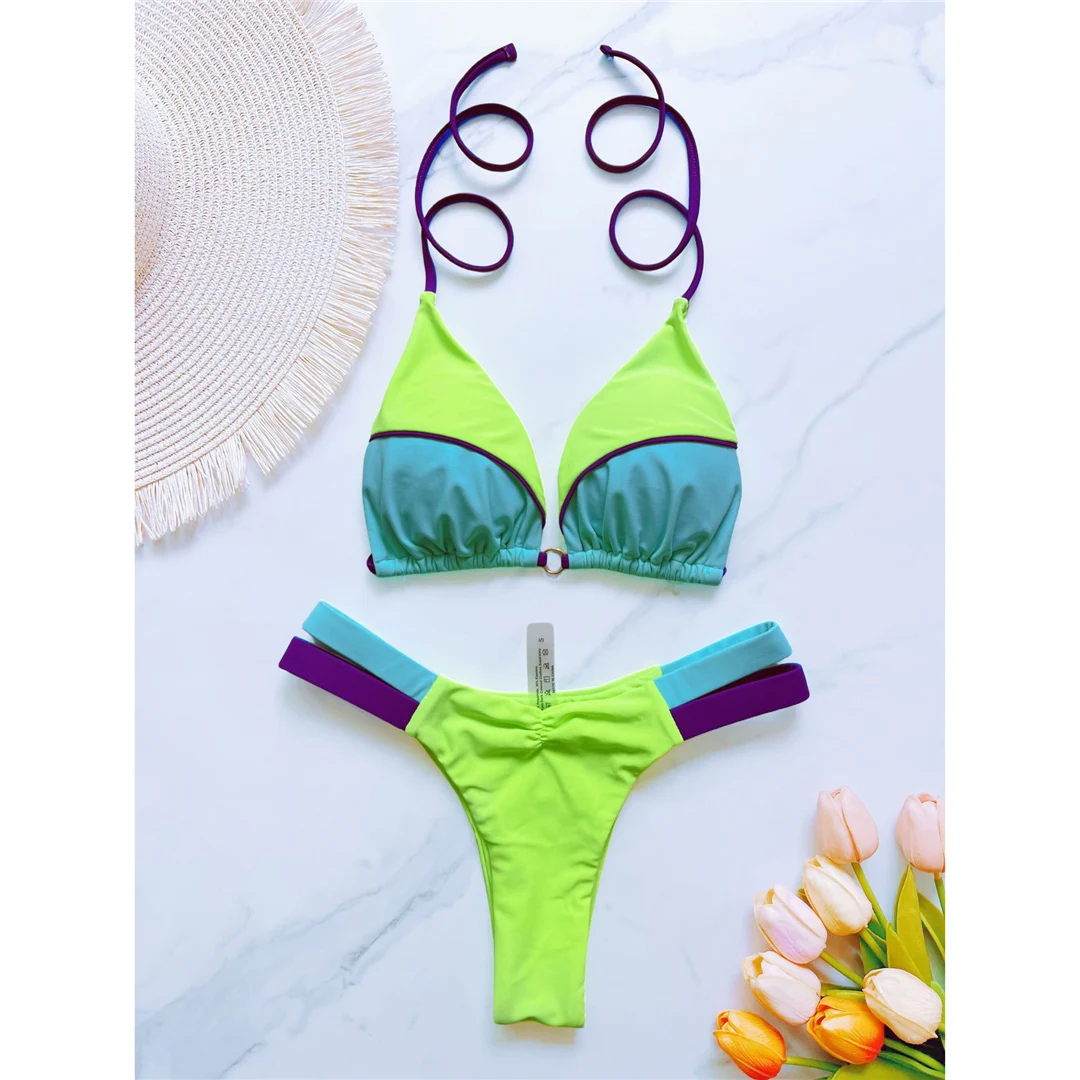 Splicing Neckholder High-Cut Brazilian Bikini Damen Bademode Zweiteiliger Bikini-Set Badeanzug Badebekleidung Schwimmanzug V6067 – Detail 25