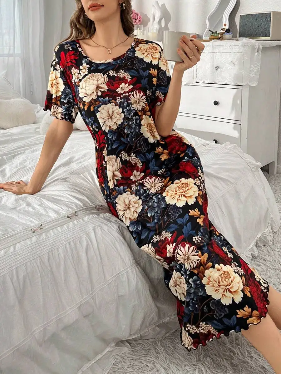 

Floral Print Short Sleeve Nightgown For Women Summer Sleep Dress