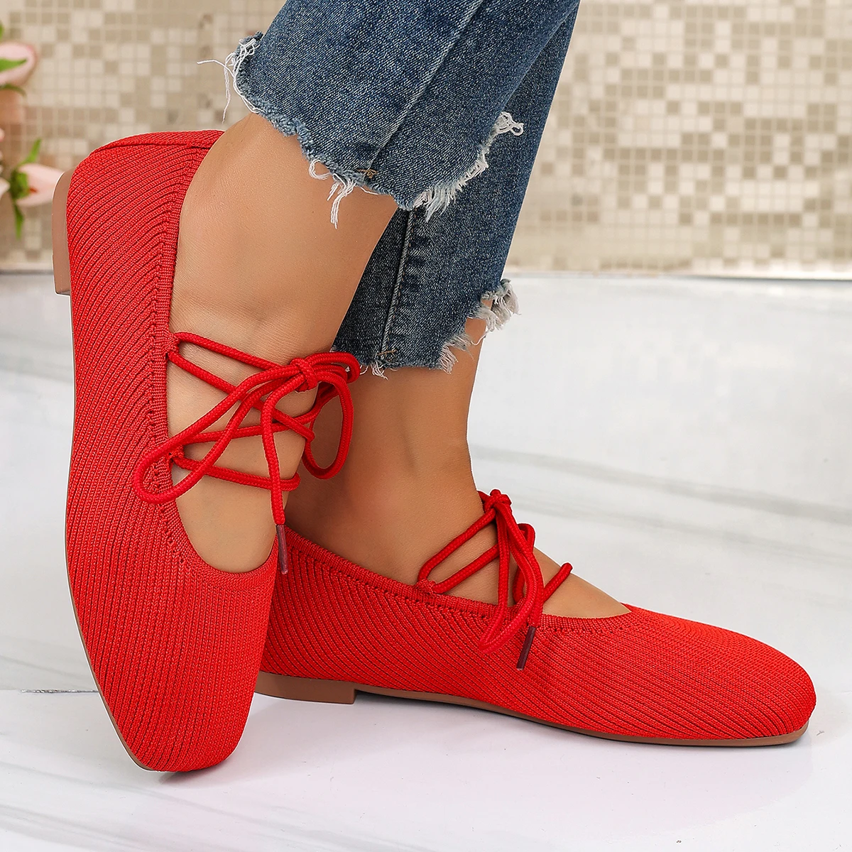 Französische flache Schuhe 2026 Sommer Neu Runde Zehenpartie Atmungsaktive Leichte Ballett-Strick-Freizeitschuhe Bequeme Damenschuhe – Detail 6