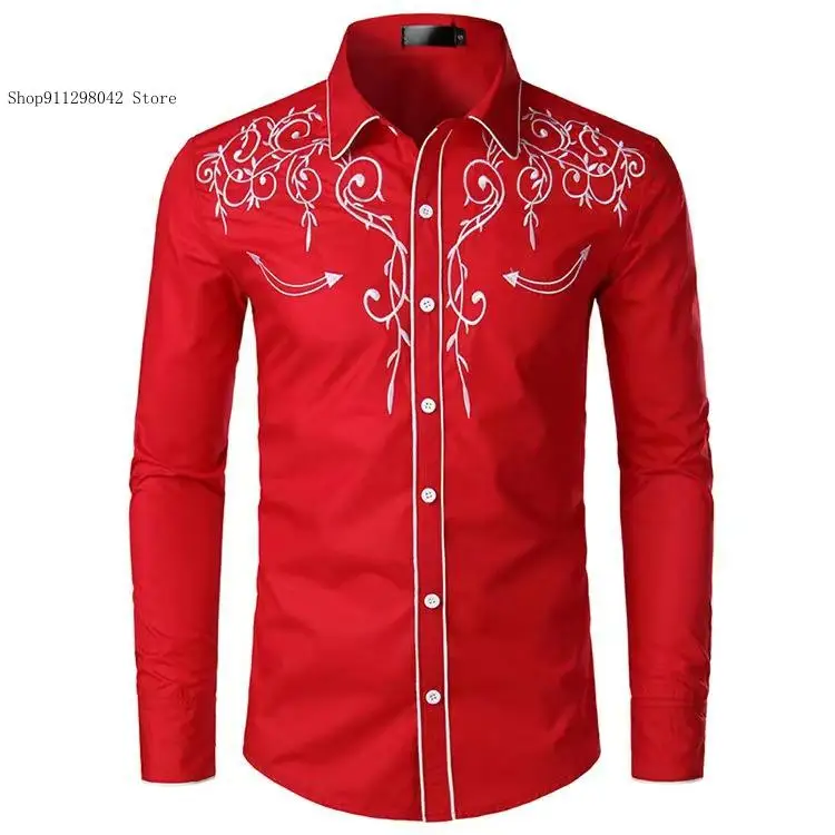 Spring and Autumn Leisure Commuting American Western Style Western Embroidered Long Sleeve Turn-Down Collar Shirt Man
