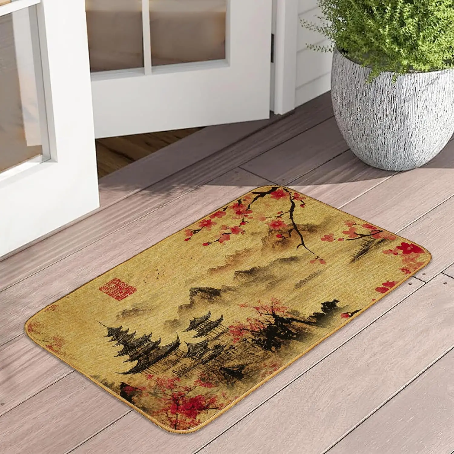 

Коврик для двери японского цвета вишни, коврик для входной двери, вход на открытом воздухе, винтажный пейзажный дверной коврик, водонепроницаемый низкопрофильный