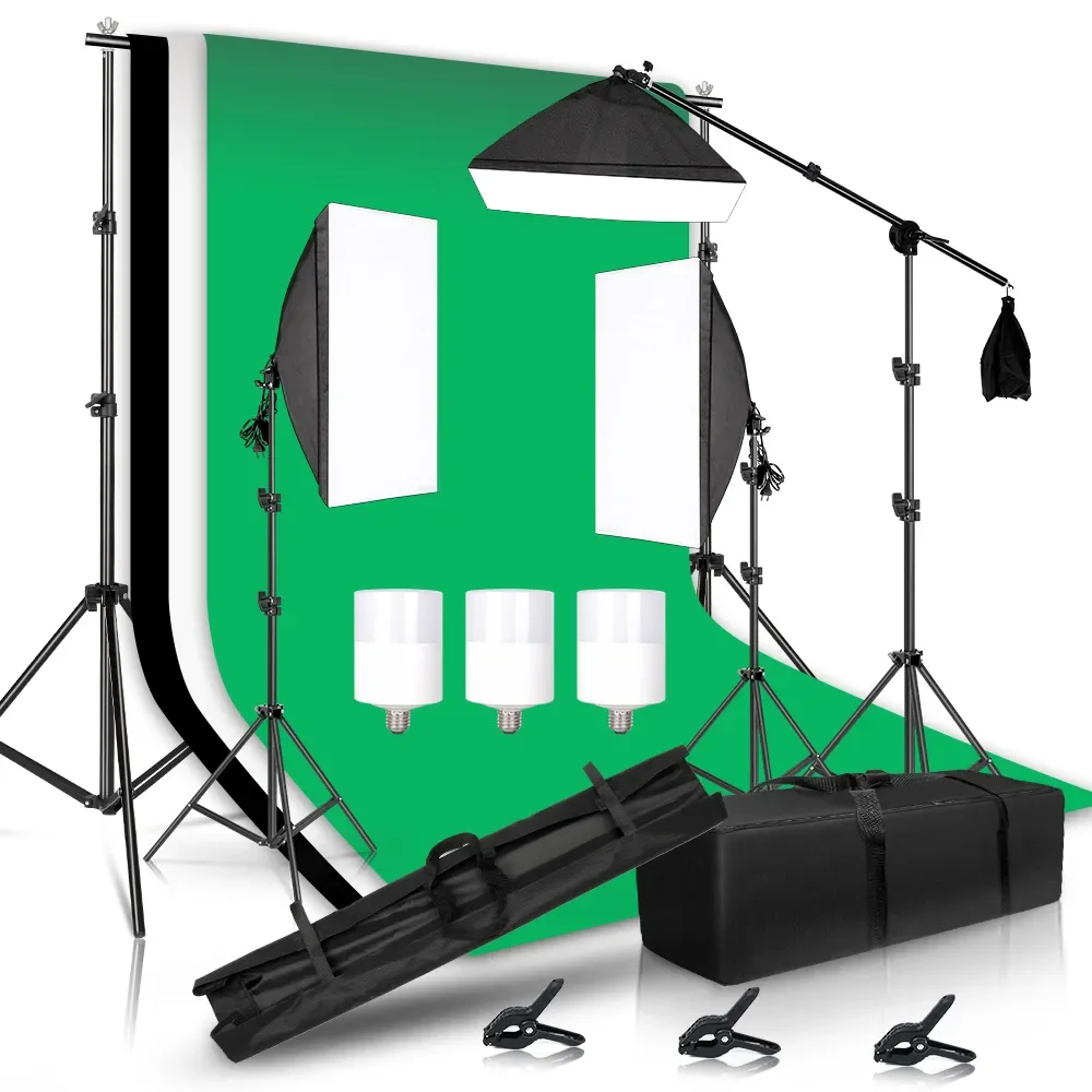 Fotografie Fotostudio Softbox Verlichtingsset Met 2.6x3M Achtergrondframe 3 Stuks Achtergronden Statief Reflector Board 4 Paraplu's - afbeelding 1