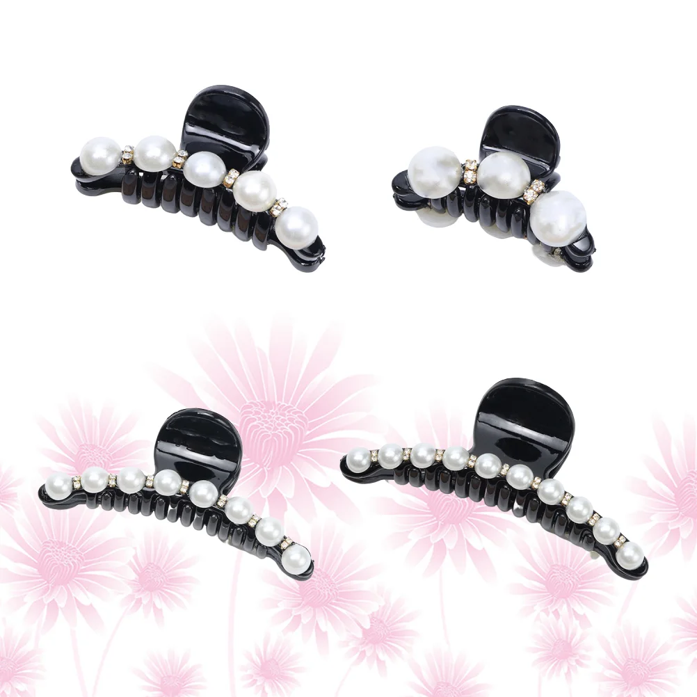 

4Pcs Pearl Designed Hair Claws Strong Holding Power Hair Clips Hairgrip Hair Catch Barrette Size S M L XL for Each 1Pc Black