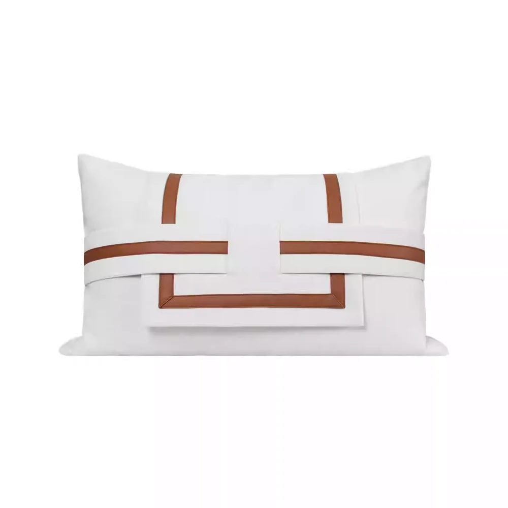 

Чехол для подушки RUIYI в современном минималистичном стиле, цвет кремовый, с кожаной отделкой кофейно-коричневого цвета, для дивана в гостиной или шоуруме