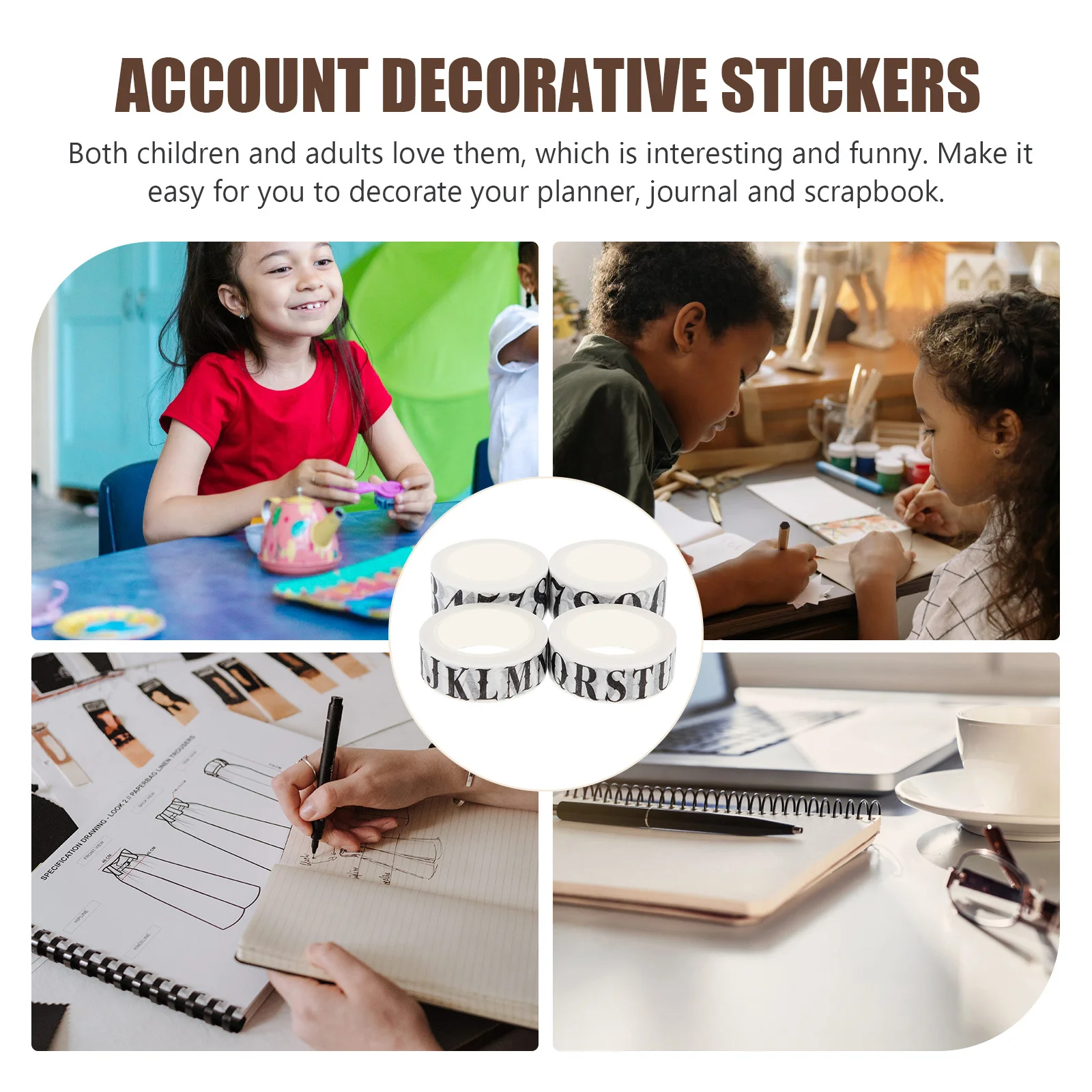 4 Rolls Retro Style Alphabet Number Washi Tape Long-Lasting Decorative DIY Craft Adhesive Scrapbook Sticker DIY Tape