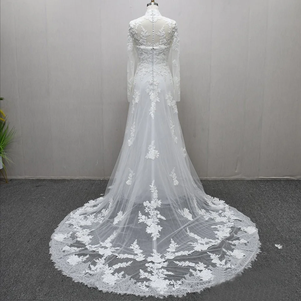 Vestido Boda High Long Sleeve Wedding Dress Appliques Button Back Mermaid Sexy See Through Bridal Dress