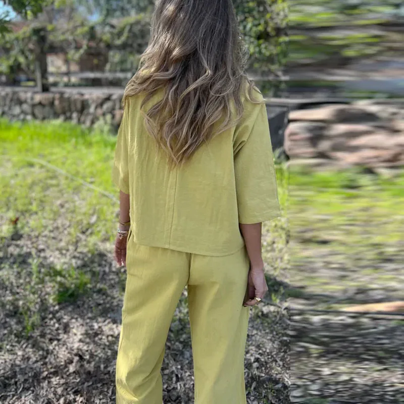 빈티지 솔리드 코튼 린넨 여성 의류 우아한 O넥 탑 풀오버 & 롱 팬츠 슈트 가을 반팔 투피스 세트 의상