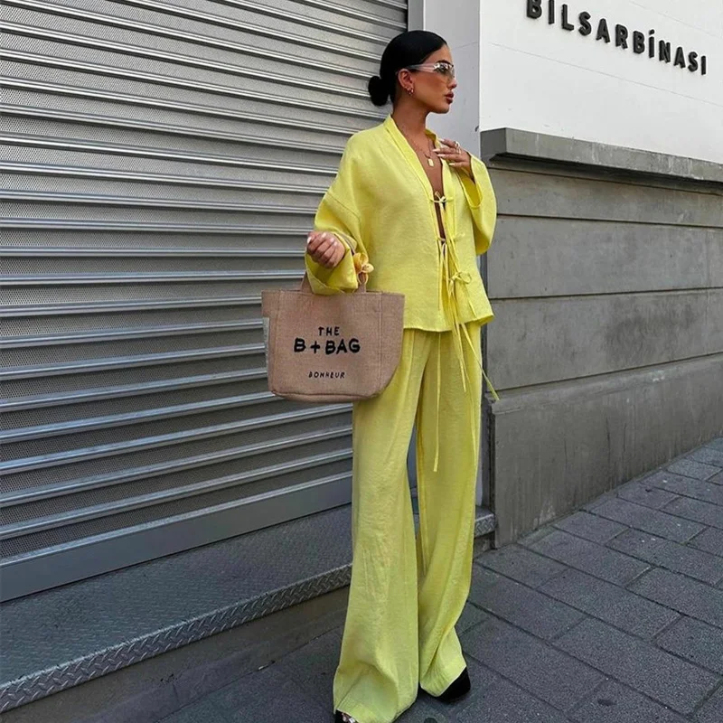 Luxury Two Piece Sets for Women Going Out Long Sleeve Outfits Yellow Fall Ribbon Shirt Elastic Waist Wide Leg Pants Vacation Set